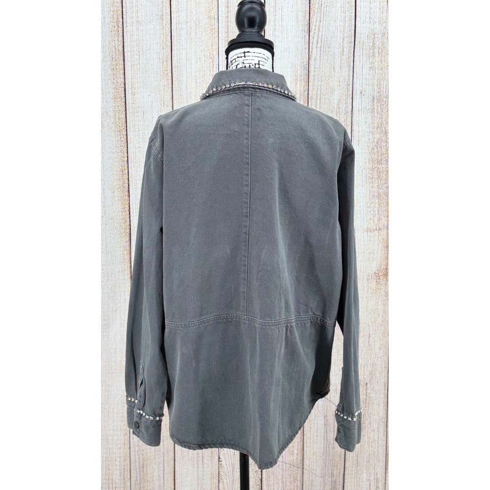 Zara XL Gray Denim Embellished Utility Jacket Crystal Stud Collar Pockets NWT - Picture 3 of 7